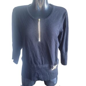 Marie Claire Black Cropped Sleeve Top with Zippered Neckline XL